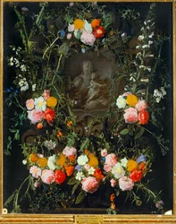 Madonna in een bloemenkrans (olieverf op doek)