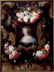 Portret van dame in een bloemenkrans