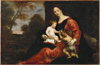 Heilige Maria met kindje Jezus en jonge Johannes en distelvink (schilderij op doek)