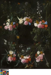 Gebeeldhouwde cartouche versierd met bloemenkransen