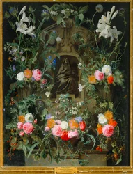De Maagd in een bloemenkrans (olieverf op doek)