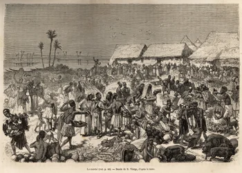 Een zeer levendige mars nabij de Congo-rivier, met meer dan drieduizend mensen, geëtst naar een tekening van D.Vierge, ter illustratie van David Livingstone