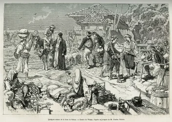 Enkele veelvoorkomende scènes van de Salone-beurs (Kroatië), verkoop van fruit, groenten, gevogelte en lammeren, evenals tafels die zijn opgesteld om te desalteren. Gravure naar de tekening van Virgo, ter illustratie van de reis naar Dalmatië, door Charles