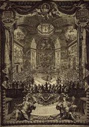 Het grote feest van H.K.H. de Prinses van Oranje, gevierd in december 1686 in de Salon du Bois in Den Haag, ter ere van de verjaardag van de Prins van Oranje (gravure)