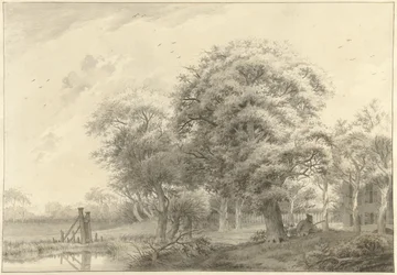 Landschap met op de achtergrond een in neoclassicistische stijl gebouwde buitenplaats