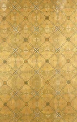 Een plafondpaneel, met herhalend abstract bladontwerp in olijfgroen, oker, rood en geel, ca. 1893