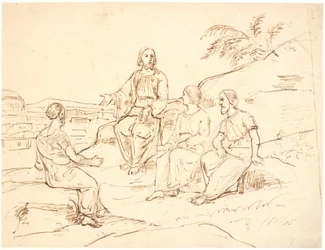 Bijbelse scène: Christus zittend met drie apostelen op een berg