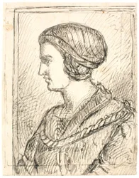 Borstbeeld van een vrouw in profiel, gekleed in een ouderwetse jurk