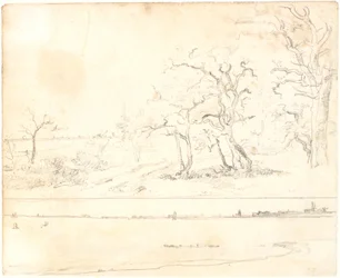 Een kust begroeid met dicht bos, op de achtergrond een stad. Onder: studie voor hetzelfde beeld