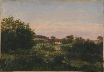 Landschap met een Huisje naast een Vijver