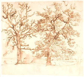 Landschap met Grote Eikenbomen op de Voorgrond