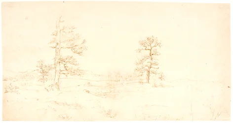 Uitzicht over een heuvelachtig landschap met een paar eenzame eiken