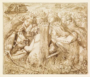 Ontwerp voor Moxons Tennyson - koning Arthur en de wenende koninginnen