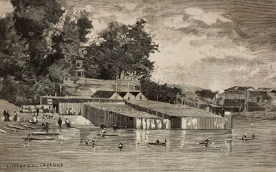 Badhuis, openbare baden van de Tiber in Rome, Italië, gravure naar tekening door Dante Paolocci, uit L