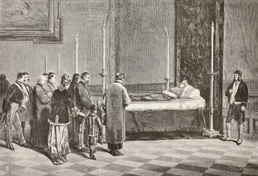 Lichaam van kardinaal Giacomo Antonelli opgebaard in een van de kamers in het Vaticaan, gravure naar een tekening van Dante Paolocci, uit L