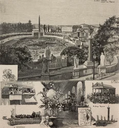 Carnavalsfestival op Piazza del Popolo gezien vanaf de Pincio-heuvel, Rome, Italië, gravure naar tekening van Dante Paolocci, uit L