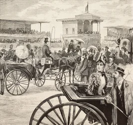 Elegante mannen en vrouwen die een paardenrace bijwonen op de renbaan, Rome, Italië, gravure naar een tekening van Dante Paolocci, uit L