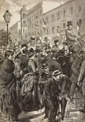 Koning Umberto I en Koningin Margherita terugkerend van hun bezoek aan Napels getroffen door cholera, Rome, Italië, gravure naar tekening van Dante Paolocci, uit L