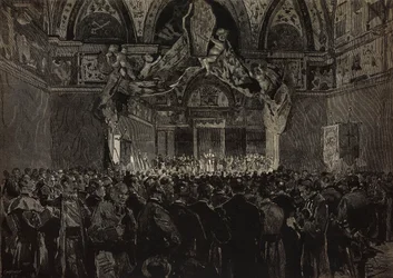 Leo XIII ontvangt Franse pelgrims in Ducal Hall, Pauselijk Jubileum, Vaticaan, gravure naar tekening van Dante Paolocci, uit L