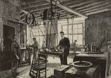 Mechanische werkplaats in de munt van Rome, Italië, gravure naar tekening van Dante Paolocci, uit L