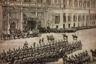Opening van het Parlement, aankomst van koning Umberto I in Montecitorio, Rome, Italië, gravure naar tekening door Dante Paolocci, L