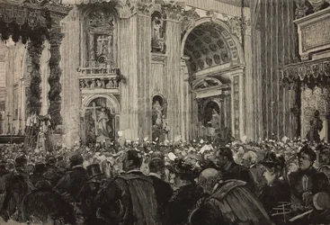 Pauselijke zegen ter gelegenheid van het Episcopaal Jubileum van Leo XIII, Sint-Pietersbasiliek, Vaticaan, gravure naar tekening van Dante Paolocci, uit L