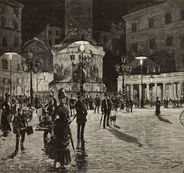 Piazza Colonna verlicht met elektrisch licht, Rome, Italië, tekening door Dante Paolocci, gravure uit L