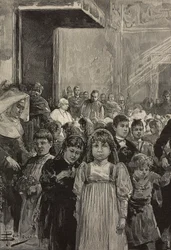 Ontvangst van kinderen bij jubileumvieringen van paus Leo XIII, Vaticaan, gravure naar tekening van Dante Paolocci, uit L