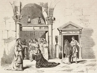 Kabinet van de Opperste Pontifex in het paleis, Postumia smeekt Fabio Massimo, Rome Vaincue door Alexandre Parodi, Act V, gravure door Dante Paolocci naar schetsen van Zandomenico, uit L