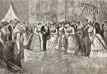 Umberto I (1844-1900), Koning van Italië, en zijn vrouw Margherita van Savoye (1851-1926) op bal in Quirinal Paleis, Rome, Italië, gravure naar tekening van Dante Paolocci, uit L