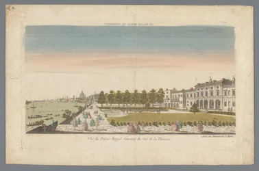 Gezicht op Somerset House van de oever van de Theems met Londen op de achtergrond
