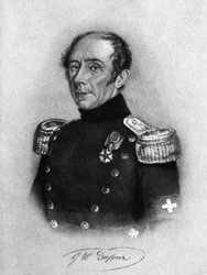 Portret van Guillaume-Henri Dufour (1787-1875), Zwitserse generaal, ingenieur, topograaf en medeoprichter van het Internationale Rode Kruis, gravure naar tekening door Karl Friedrich Irminger (1813-1863)