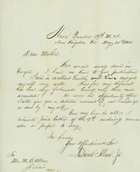 Brief ondertekend door David Allan, Jr., Hoofdkwartier 29e M.V.I., nabij Kingston, Ga., aan zijn moeder Mevr. M.A. Allan, St. Louis, Mo., 20 mei 1864