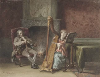 Interieur met meisje dat harp speelt en een heer in een stoel die toekijkt