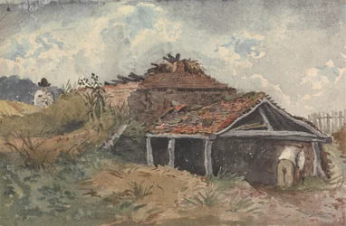 Landschap met twee figuren naast een oud gebouw