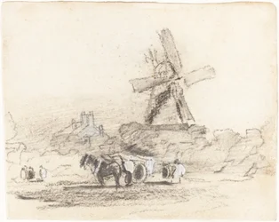 Een kar met twee paarden bij een windmolen