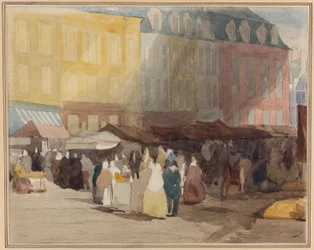 Een Franse marktscène, mogelijk Boulogne