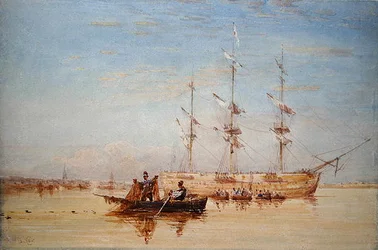 Een oorlogsschip voor anker in de Theems