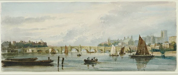 Gezicht op Westminster Bridge naar het westen, richting Lambeth Palace en Westminster Abbey