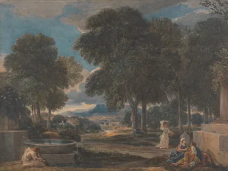 Landschap met een man die zijn voeten wast bij een fontein, naar Poussin