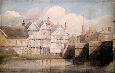 Oude huizen en Wye-brug, Hereford, 1820