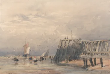 Zeilboten en garnalenvissers bij een pier