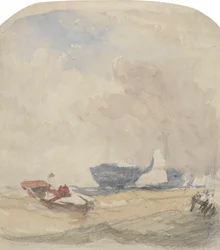 Zee Studie met Vrachtschip, Zeilboot en Roeiboot