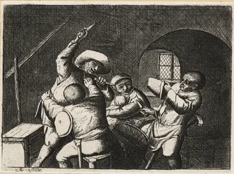 Nederlandse boer met twee dolken valt een andere kaartspeler aan