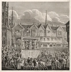 Voorstelling van een praalwagen tijdens de uitvoering
