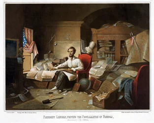 President Lincoln schrijft de proclamatie van vrijheid, 1 januari 1863