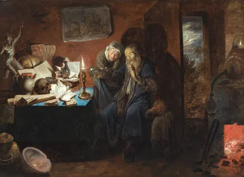 Een interieur met een alchemist, een vrouw en een kind (een vanitas) (olieverf op doek)
