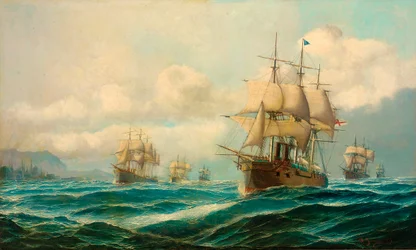 Het eskader van viceadmiraal Phipps Hornby dat op weg naar Constantinopel door de Dardanellen stoomt, februari 1878