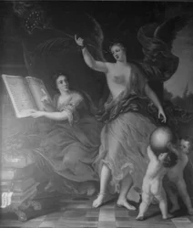 De godinnen van de geschiedenis en de roem tekenen de daden van Zweedse koningen op.
