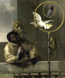 Zwarte man met papegaaien en apen, 1670